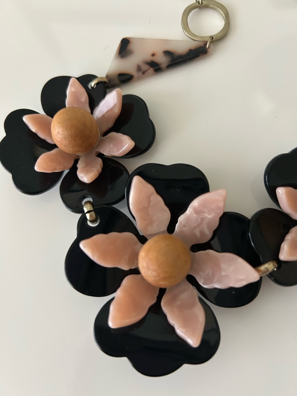 Anthropologie Floral Pendant Necklace Wood beads Black Pink NWT Statement Boho